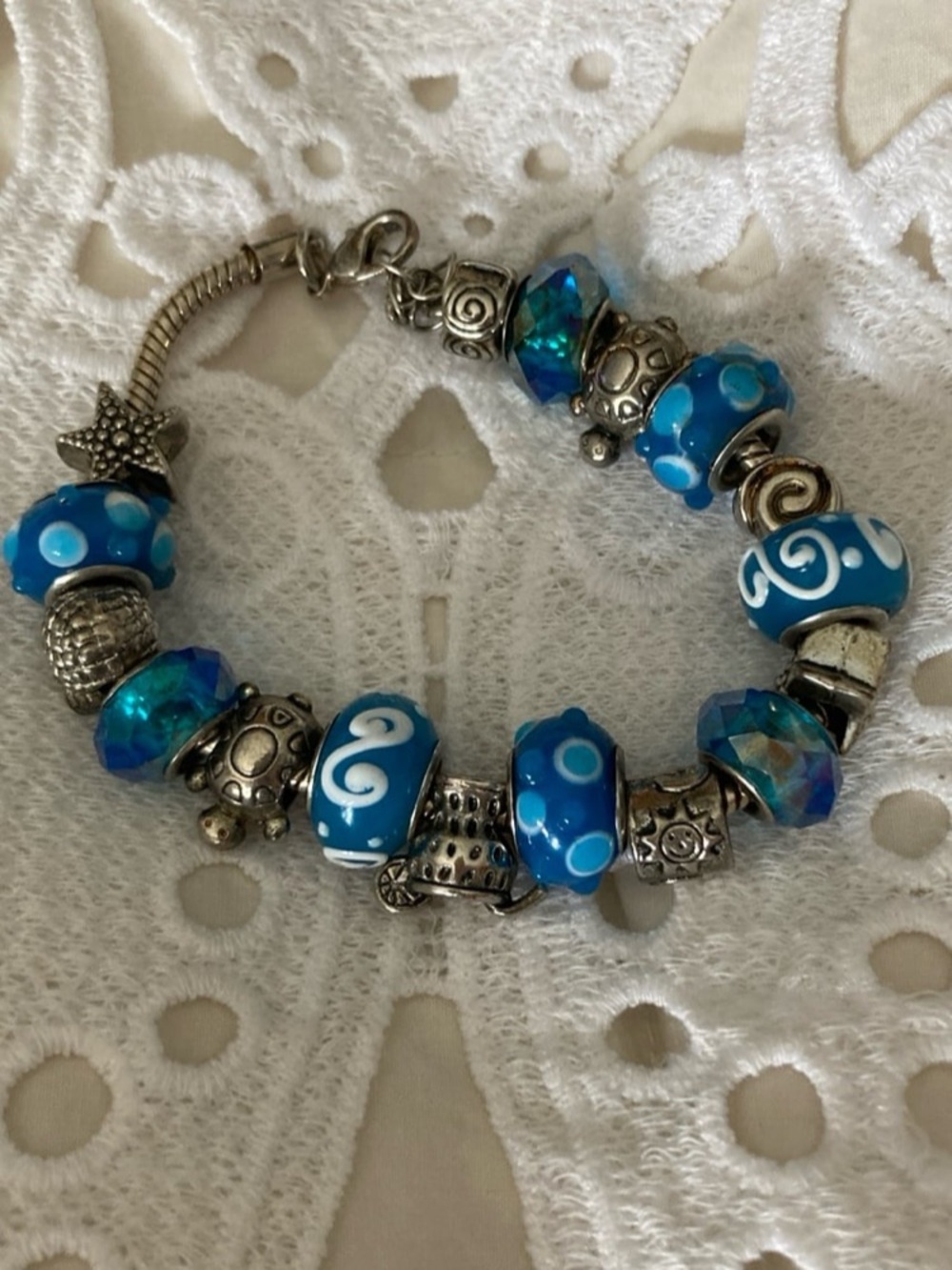 European-style snake chain charm bracelet, with a ocean-themed charms & beads
